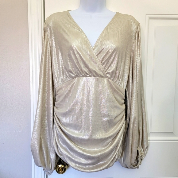 Express Metallic Silver Ruched Statement Sleeve Faux Wrap Top Party Holiday Med - Picture 1 of 10